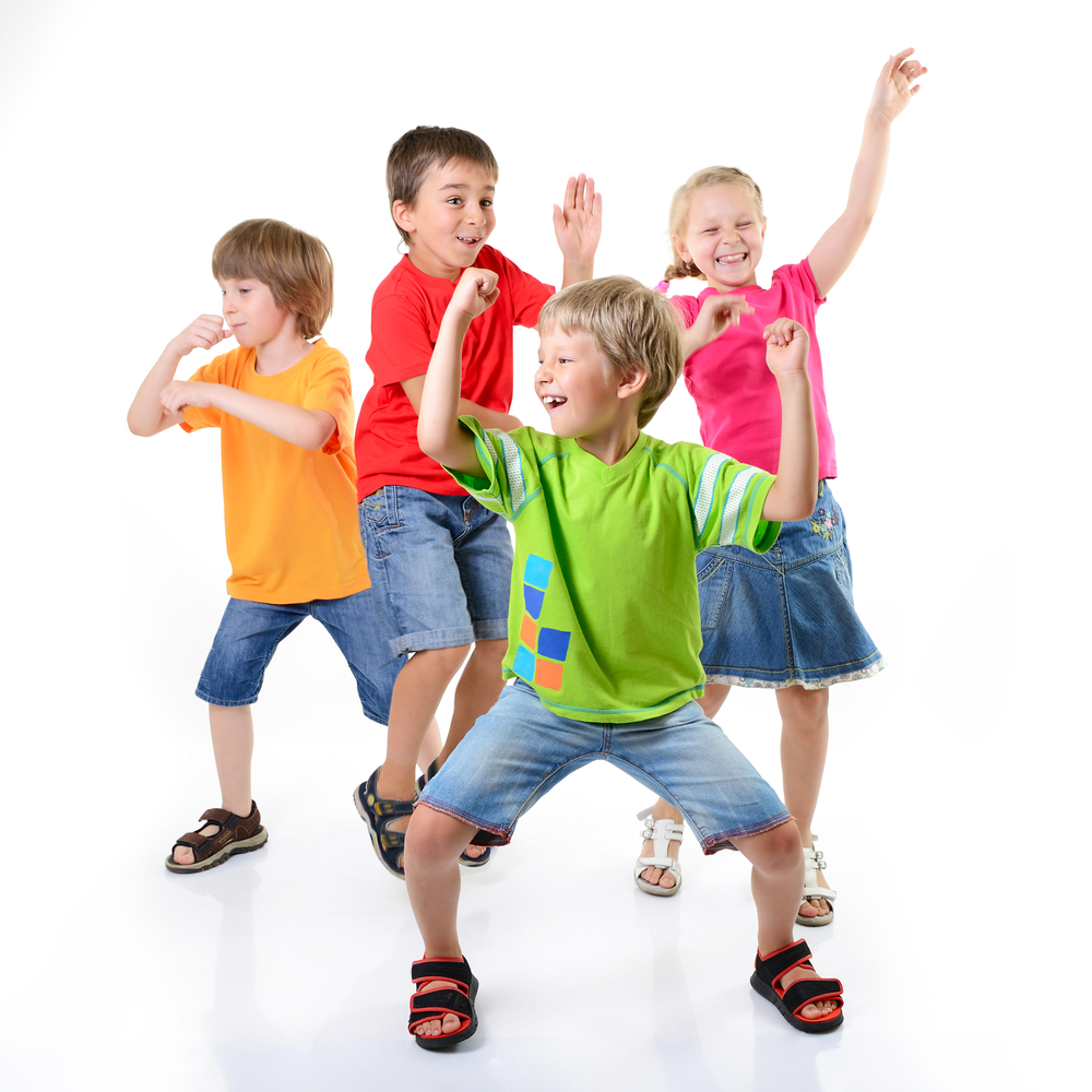happy children dancing on a white background, healthy life, kid's togetherness and happiness conccept